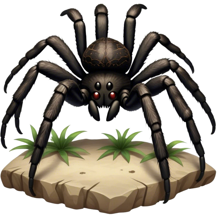 Close-up of a giant hairy black tarantula in its natural habitat, with intricate web details surrounding it. The spider's texture is highlighted, emphasizing its hairy legs and features. Soft background with natural elements like leaves or rocks. Transparent background. emoji