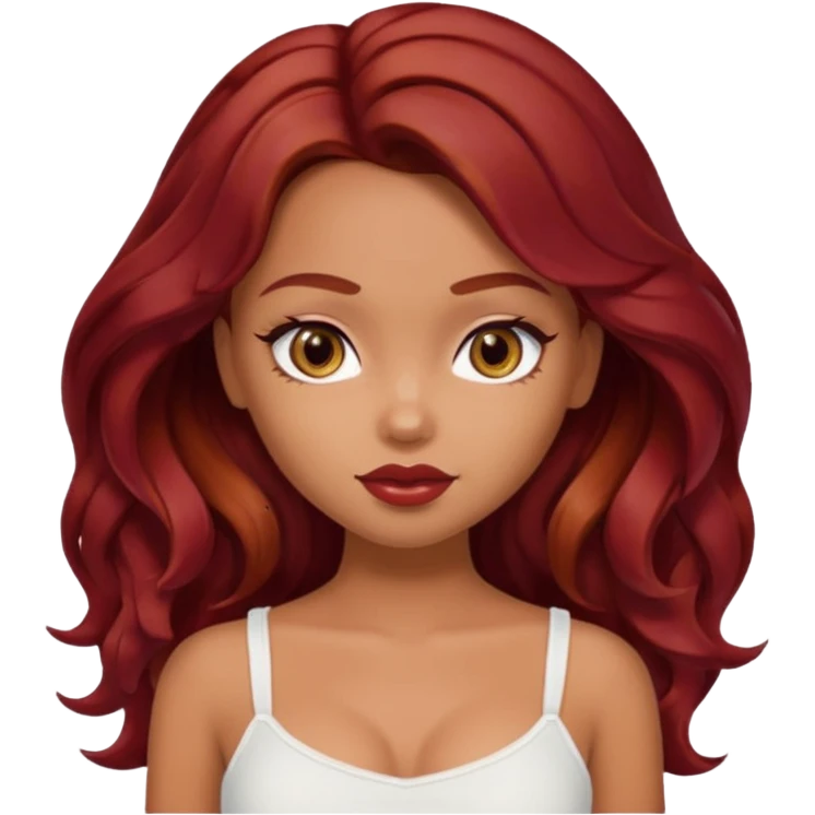 a pretty bratz tan girl with wavy dark red hair wearing a white cami top. Skintone is tan emoji