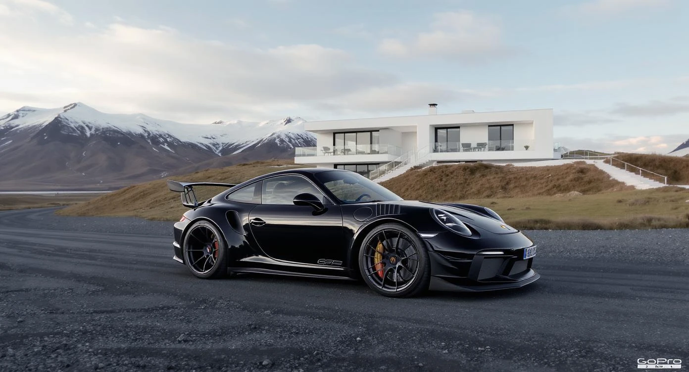 black porsche 911 with bodykit, in background is modern huge two flors white villa, in distance are iceland mountains, rule of thirds, shot on gopro hero, noise camera emoji