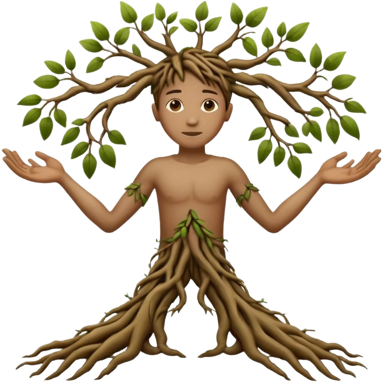 A human with three texture, branch arms, roots feet emoji