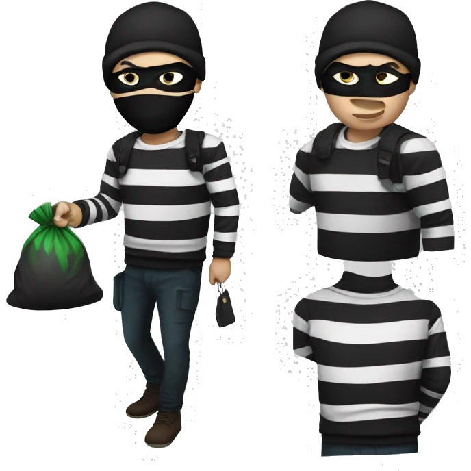 robber, black and white striped shirt, black mask, money bag, black beanie emoji