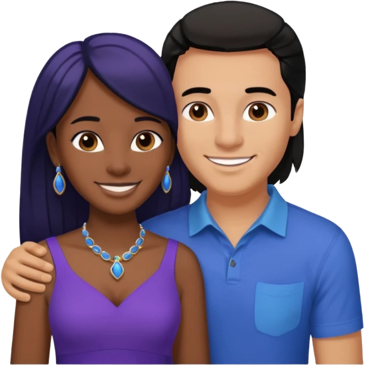 smiling embracing interracial couple. man is tan and has brown straight hair he is wearing blue. woman has very dark color skin and long black hair. she is wearing purple and has matching blue jewelry on emoji