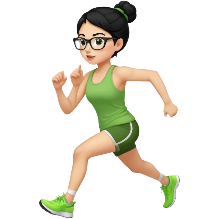 pretty girl white glasses side view black hair in a bun green tank top running emoji