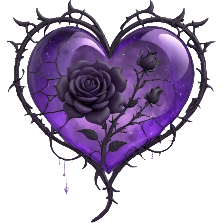 gothic heart made of purple glass with a crescent moon at the top, single large black rose, swirling stardust, branching lightning, misty rain, spiderweb cracked glass texture emoji