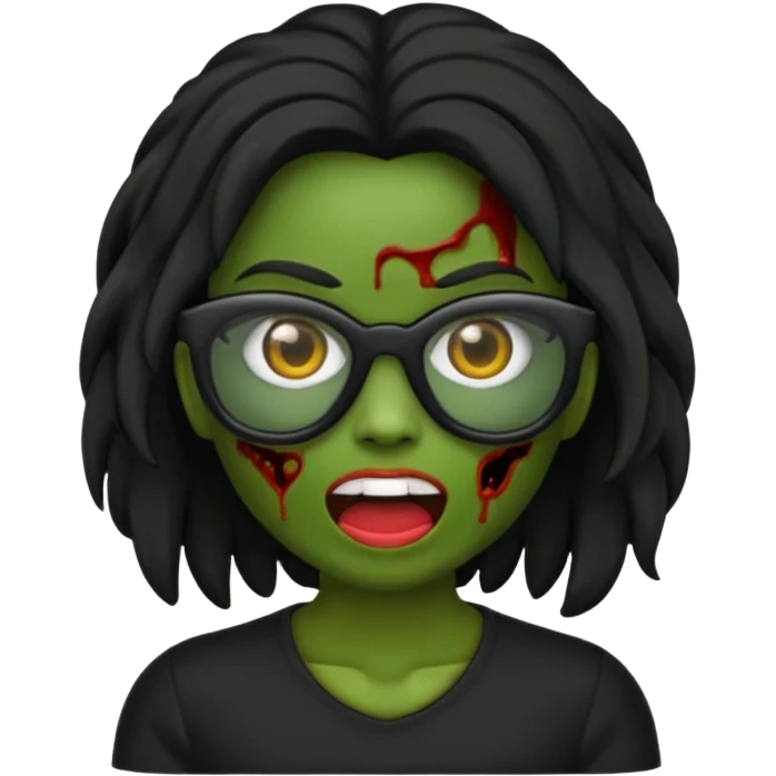 crie um emoji de zumbi feminino, com pele verde, óculos preto e cabelos pretos longos emoji