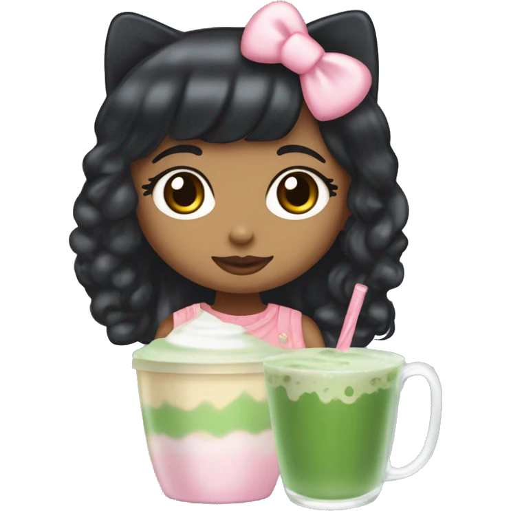 5’2 Latina that loves hello kitty and iced matcha latte with strawberry cold foam, she has black hair and brown eyes and is hella small emoji