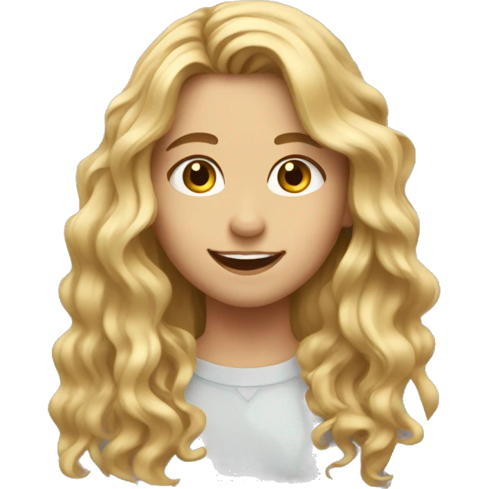Girl with long blonde wavy hair and hazel eyes smiling  emoji