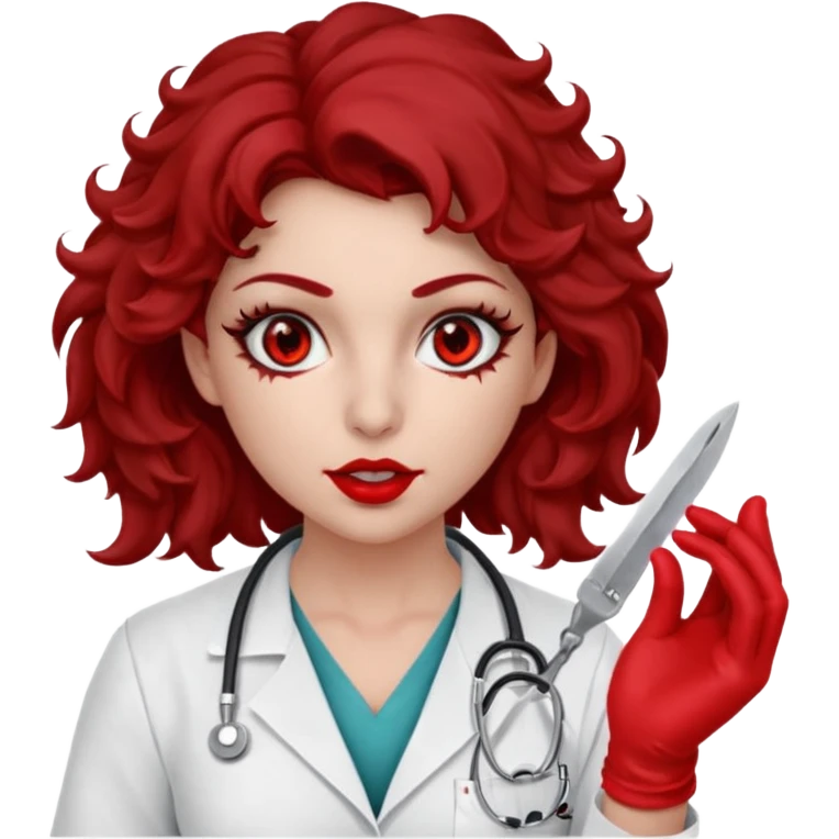 Lilith scalpel in hand, evil surgeon sexy surgeon clothes.  She has red eyes. Dark brown curly hair. Wears sexy doctor outfit with red gloves.covers her mouth necknose with red bandana to hide  her identity. Hair is long and brown hair is free but must cover her face emoji
