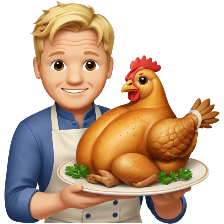 Gordon Ramsay smiling warmly, holding a plate with a whole cooked chicken emoji