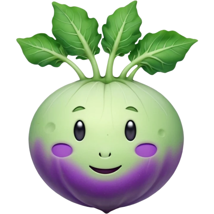 whole kohlrabi bulb, smooth pale green to purple skin, round, slightly flattened, short leafy stems on top, firm surface, faint lines and bumps, soft lighting, emoji scale emoji