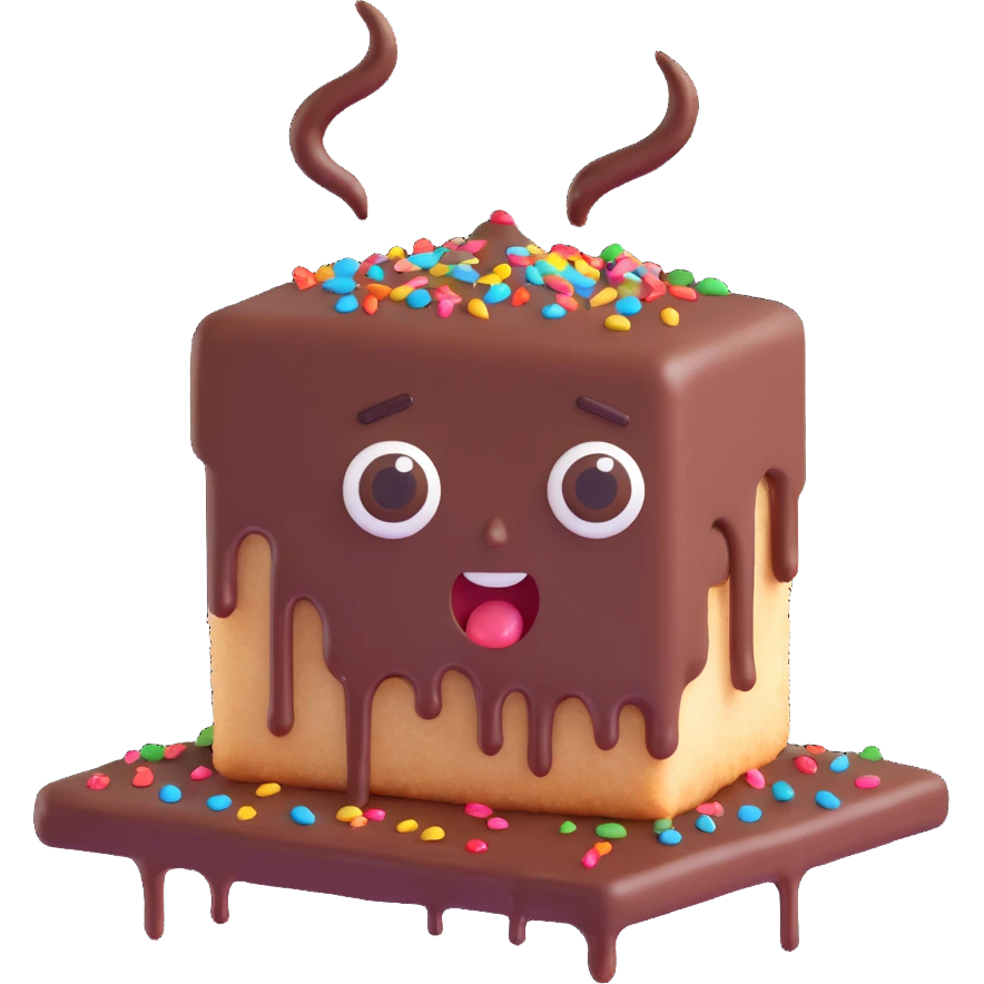 Rectangular chocolate mini pastry, messy chocolate dripping, sprinkles flying, surprised eyes, open mouth, text above: "ПАСТИЧКА", chibi style, Twitch emoji style, transparent background, colorful
 emoji