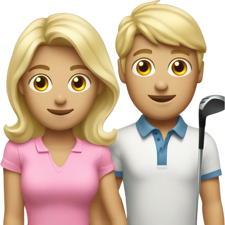 Two caucasion kids golfing with blonde golf coach emoji