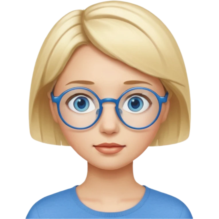 woman with short blonde haire, blue eyes and blue round glasses emoji