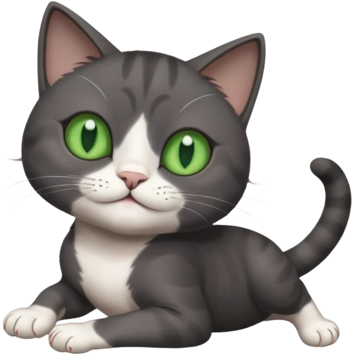 dark grey cat with green eyes, white toes/paws and white patch on her chest playfully rolling upside down emoji