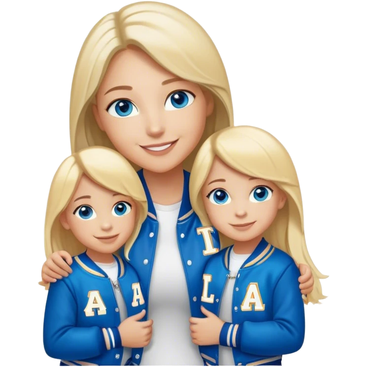 smiling mother in letterman jacket Blue eyes, Name is Tini, two Little girls Long blond straight hair and Blue eyes, Name Emilia, name Isabella emoji