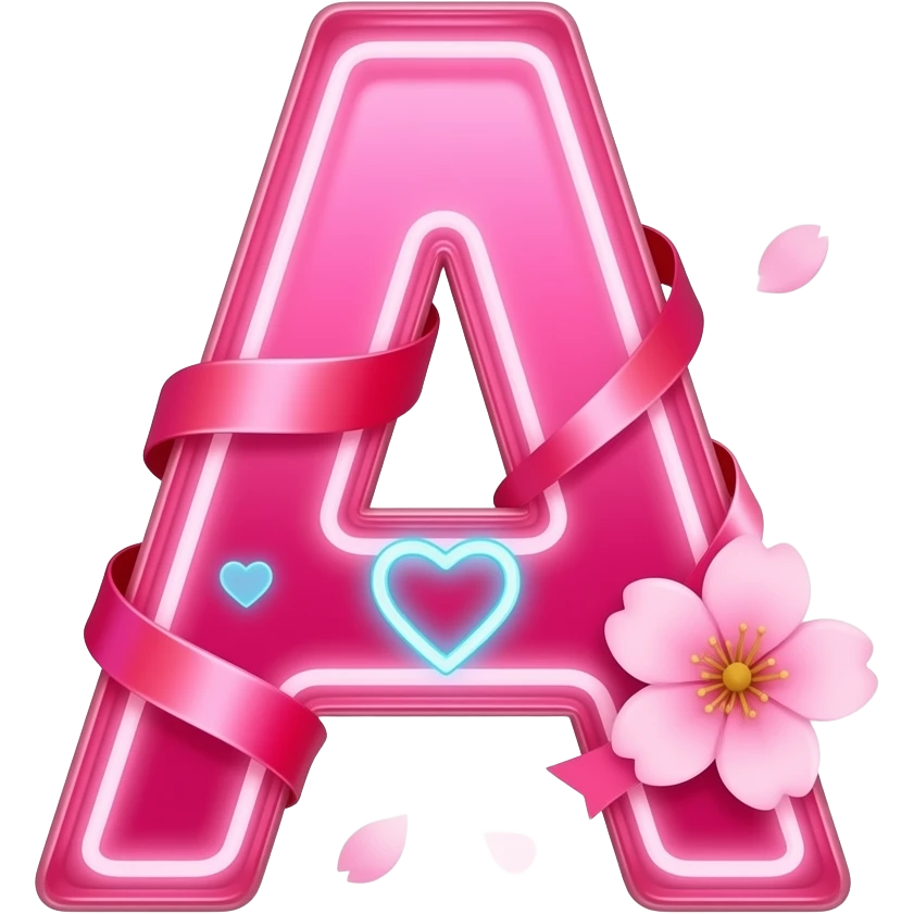 A sleek, glowing hot pink letter 'A' adorned with satin ribbons and glowing neon-blue hearts. Surrounded by floating cherry blossom petals and golden bokeh. Vibrant, modern, and feminine with a cinematic glow emoji