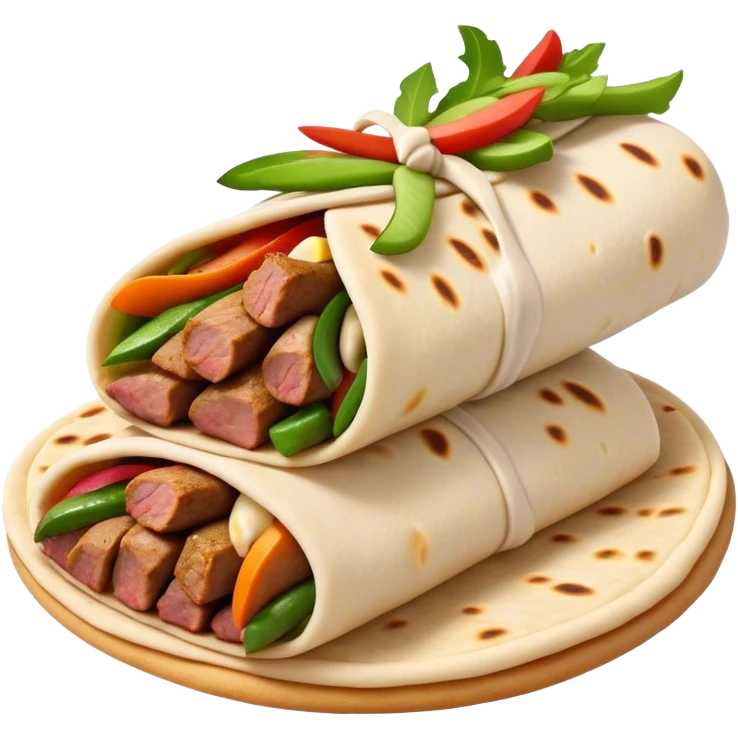 Cinematic Realistic Shawarma Dish Emoji, showcasing spiced, succulent meat wrapped in flatbread with fresh vegetables rendered with lifelike detail and dynamic, appetizing lighting. emoji