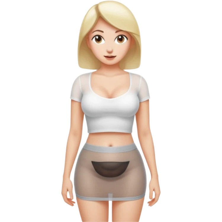 Sexy Mini skirt very short.  Her boobs are very large.  She is wearing a white half T-shirt that shows her belly button.  The shirt is tight and see-thru emoji