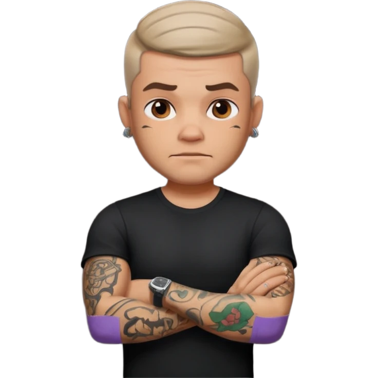male memoji, man with tattoos, black t-shirt, tough look, arms crossed emoji
