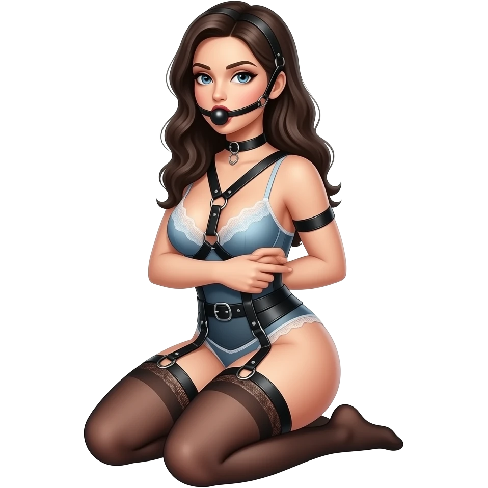 Women in bdsm Dessous. Heat leather Harness with Ballgag in Her mouth. Setting on her knee. Arms behind body. emoji