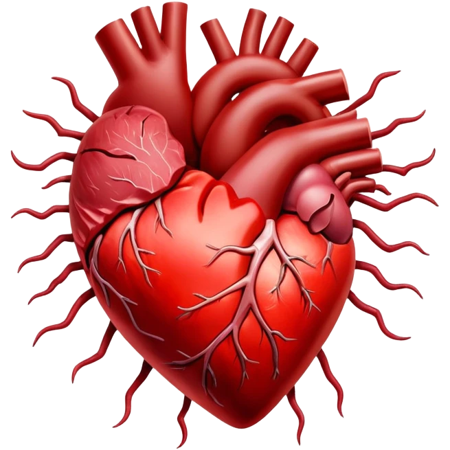 Glowing cuts of red meat and liver surrounding a bright red heart. Red blood cells float around the heart, with energy streams connecting the meat to the blood cells and heart, showing how iron-rich foods power circulation and vitality. emoji