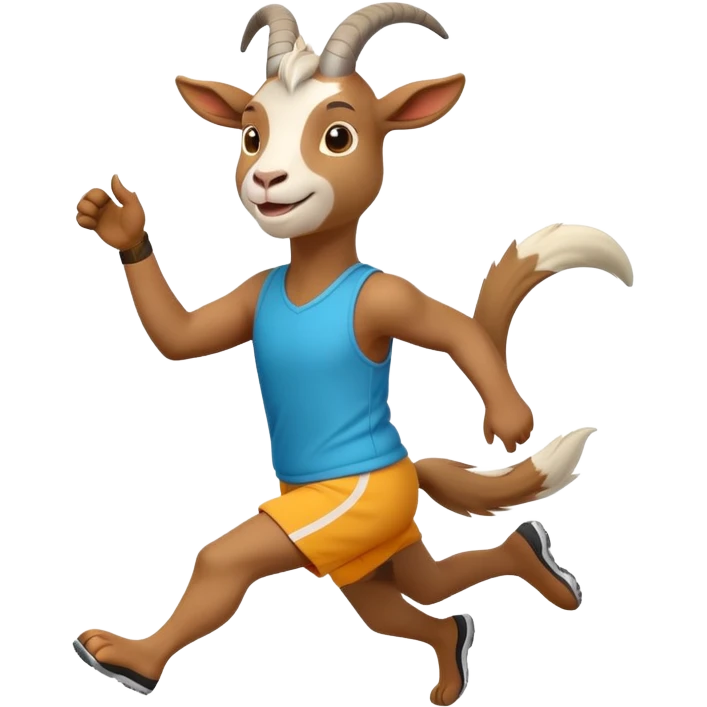 friendly anthropomorphised goat jogging upright in a new outfit, relaxed pose emoji