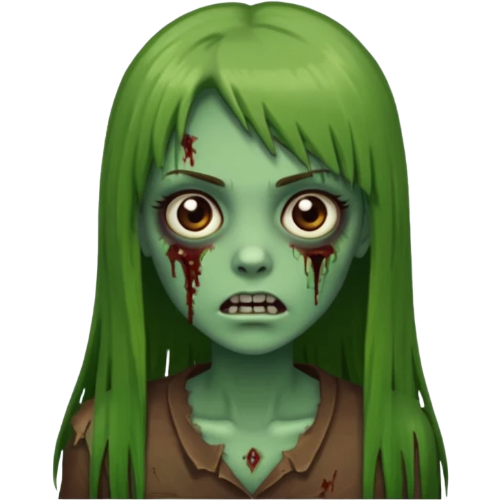 Zumbi feminino, de pele verde, cabelo marrom, longo, liso e castanho com franja reta emoji
