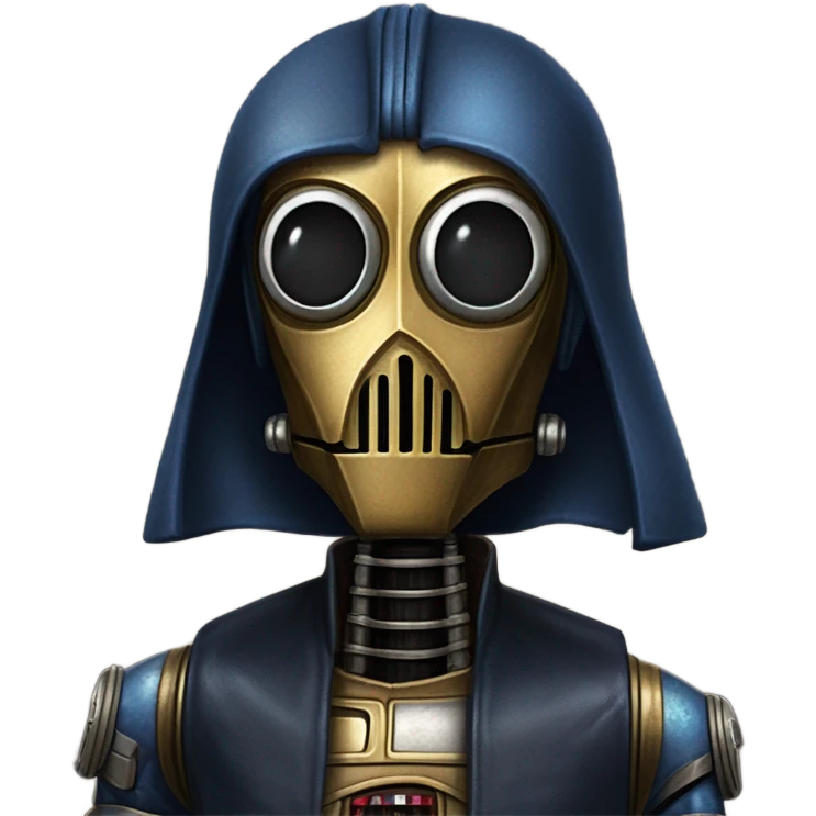 well-equipped jedi first order human-sized darkblue-pearl C3po as a friendly bounty hunter droid wearing a leather attire old west duster coat holding light saber ready to fight but relaxed. antiqued emoji