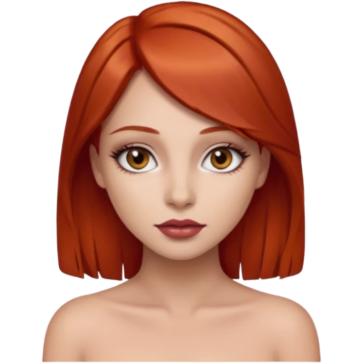 una chica con los labios con pintalabios nude y los ojos maquillados, de piel blanca con el pelo liso y por debajo de los hombros y pelirrojo, ojos marrones emoji
