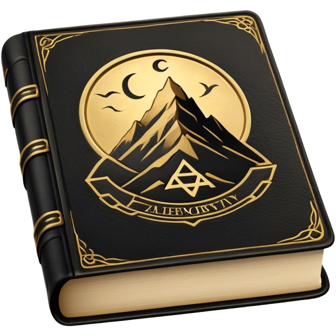 A black and gold book with an aged leather texture, embossed with an alchemical symbol, a compass, or a forging hammer, exuding wisdom, mastery, and the relentless pursuit of greatness. - book on mastery ... silhouette of a mountain  emoji