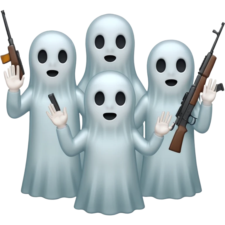 Fantasmas con un fusil y haciendo hola y chao con la manos emoji