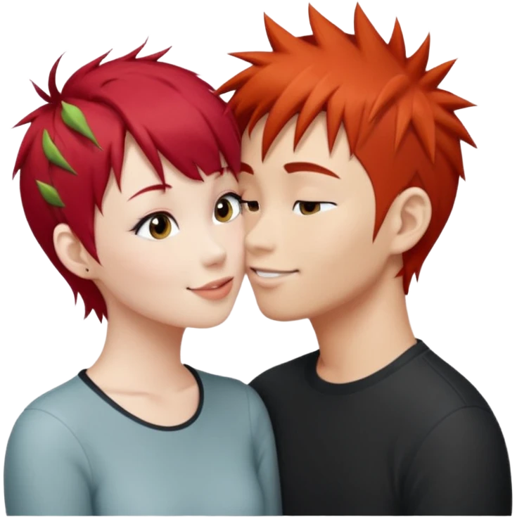 Asian Spiky short red hair  guy kissing redhead white girl with bangs emoji