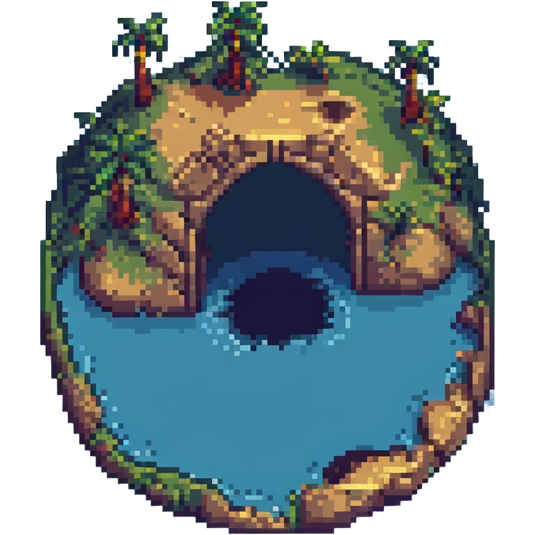 Make the island longer, then add a large hole or arch through it, keeping the pixel art style. emoji
