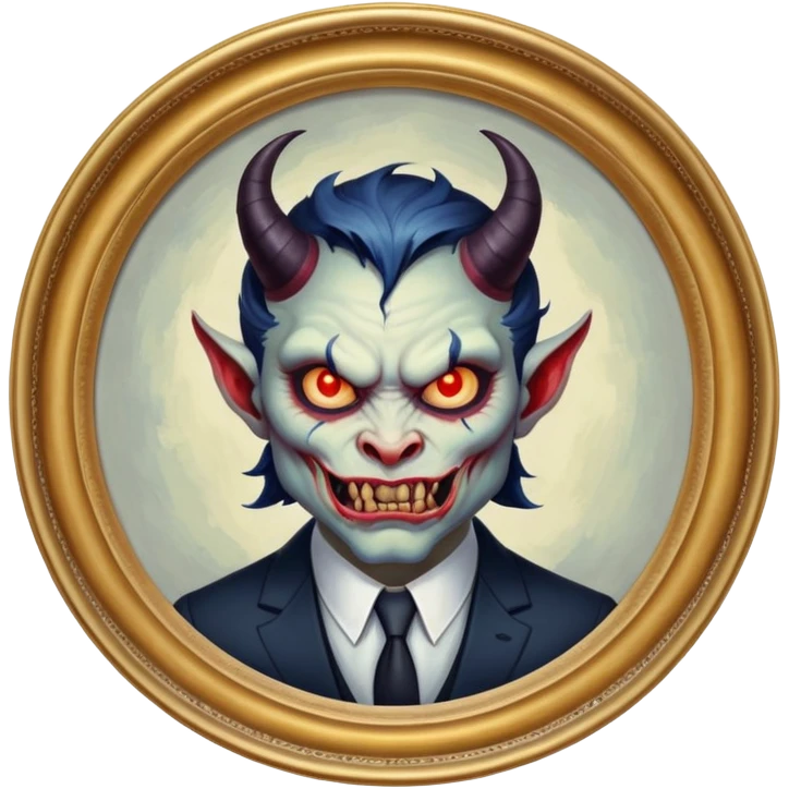 round oil painting in frame, portrait of a demon in a suit emoji