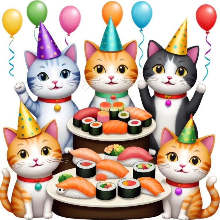 Cats celebrating with sushi at a birthday party emoji