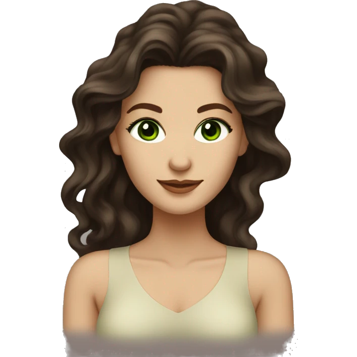 hot woman long dark brown wavy voluminous hair with green eyes beige skin emoji