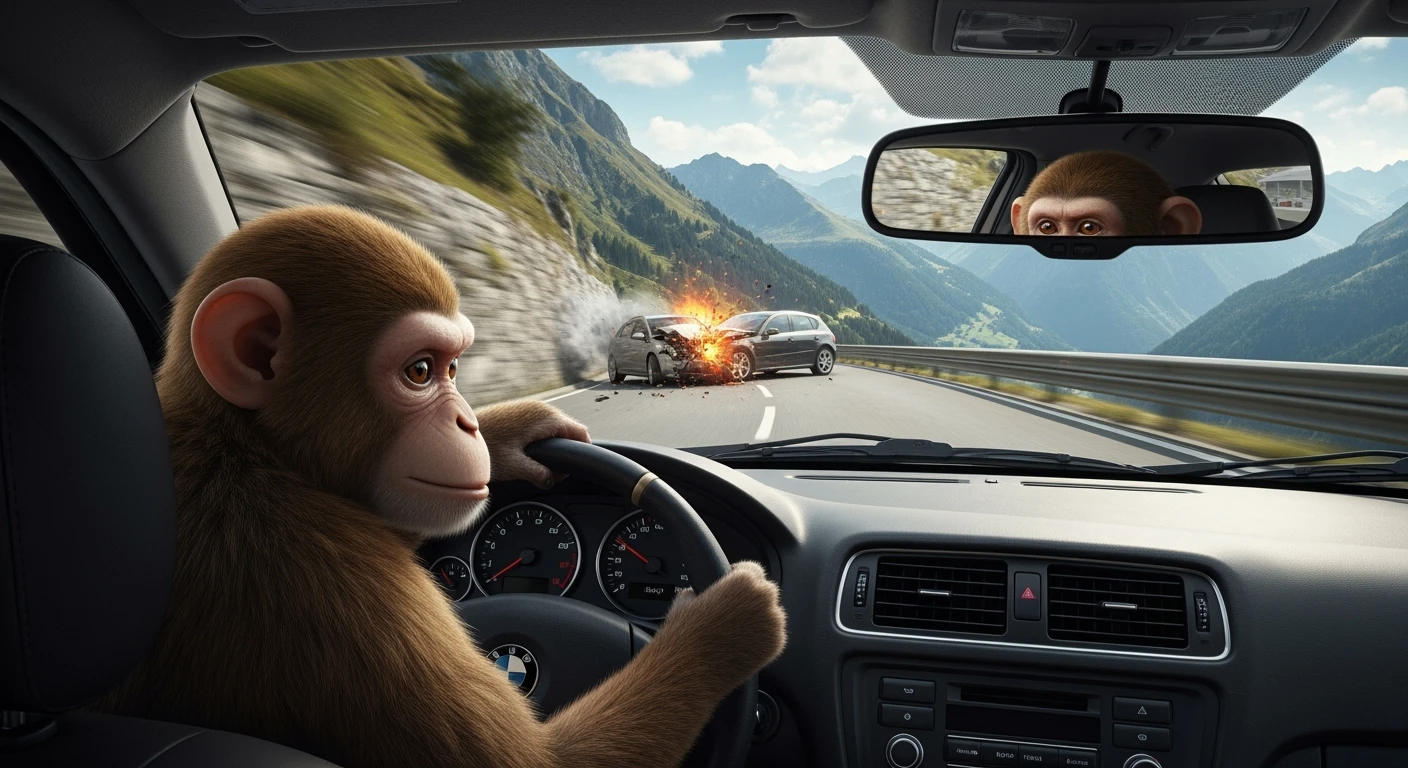 Realistic camshot pov of monkey drive a car (hands holding car wheel) switzerland road with car crash emoji