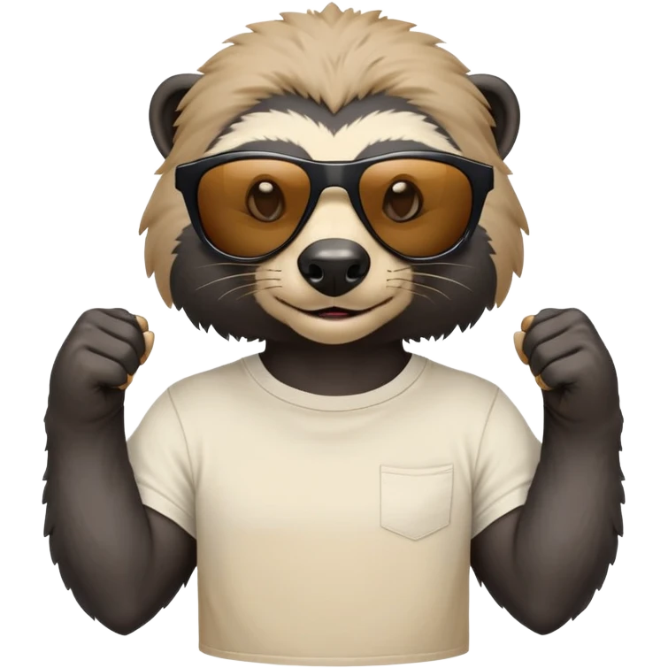 friendly anthropomorphised honey badger head and neck wearing sunglasses, top of t-shirt visible, different expression emoji
