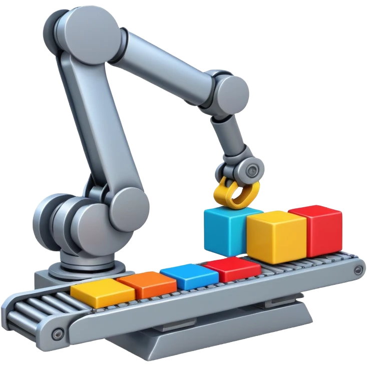 robot arm which is picking blocks on conveyor belt emoji