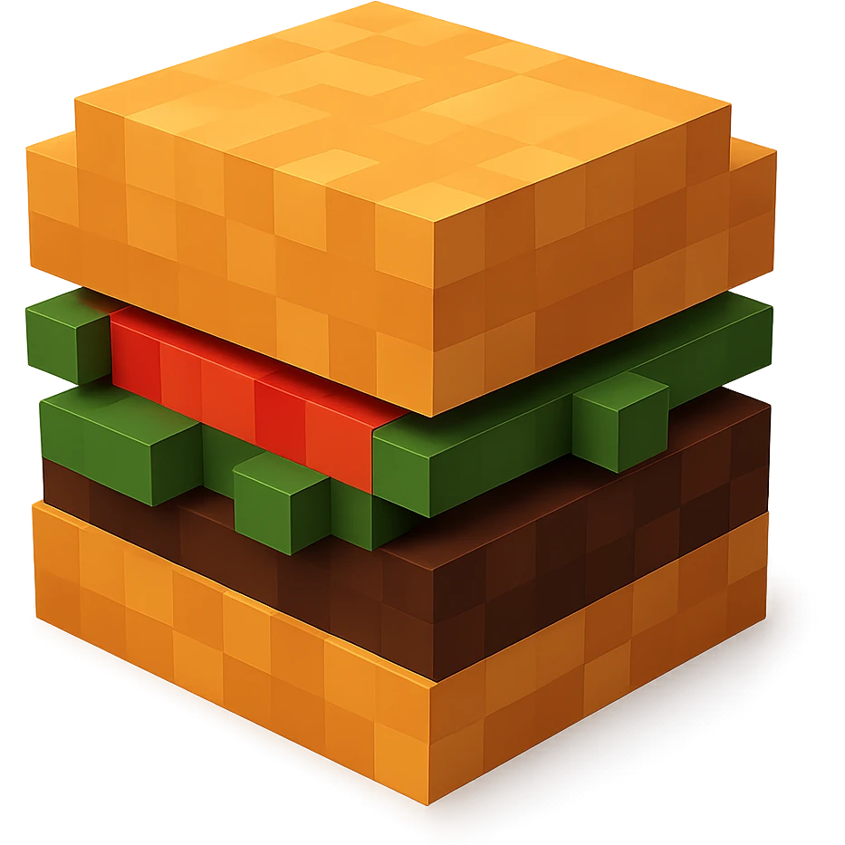 A hamburger with bun, patty, lettuce and tomato in geometric minimalist 3D block design emoji