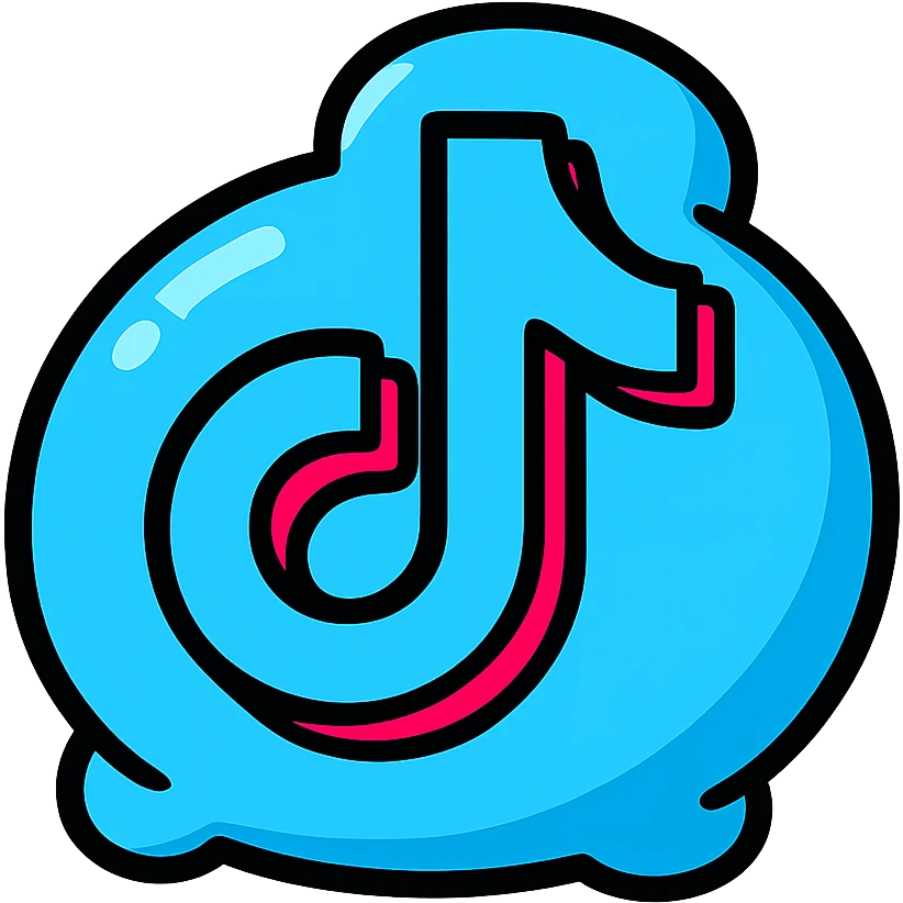 chubby blue TikTok icon, thick black contours, strong shadows, shiny highlights, plump outlined dimensional style, no background, only symbol emoji