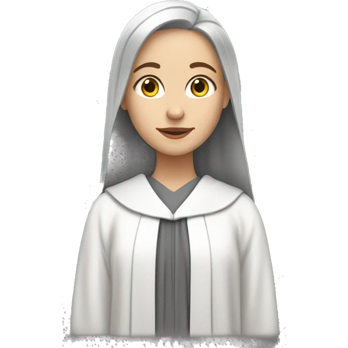 White girl standing in grey choir robe emoji