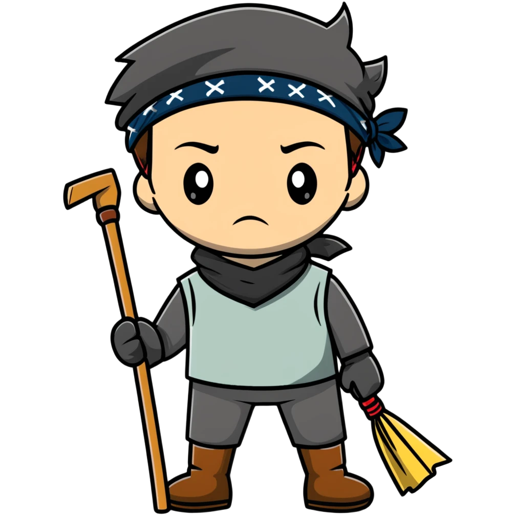 Levi Ackerman cleaning with bandana over hair, gloves, holding broom, annoyed expression emoji