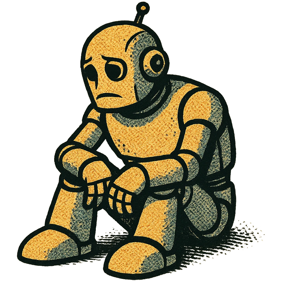 lonely robot with heavy black outlines, vintage comicbook atmosphere, oldschool comicbook style emoji