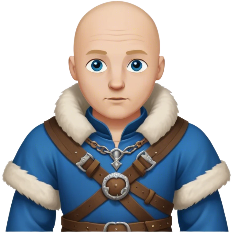 medieval outfit worn by a DnD themed fantasy character. basic rough-spun tunic with a fur-lined collar and a leather strap across the chest. clothes only above the waist. The clothes full waist. The character's haven't arms. character is bald, blue eyes, white-skinned man. emoji