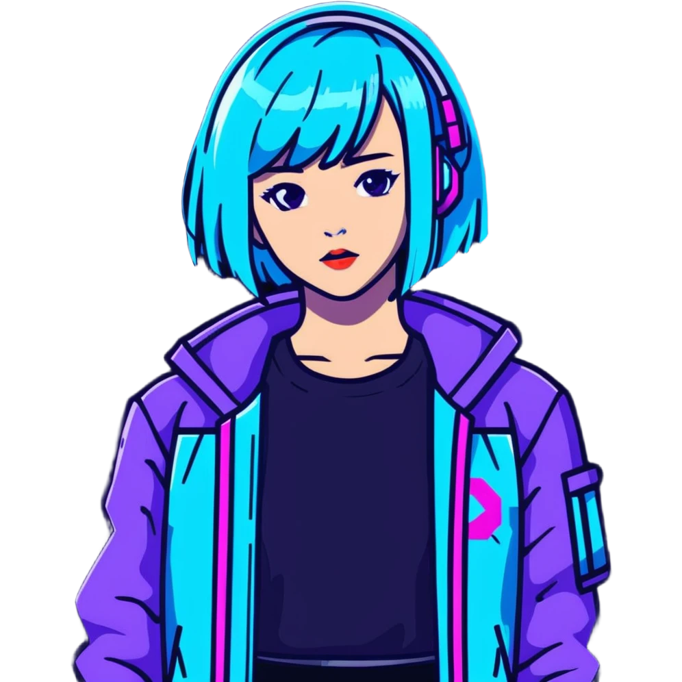 Cyberpunk Japanese girl with neon blue wig, futuristic holographic jacket, digital glitches effect, dark background with purple neon glow, iOS app icon style emoji