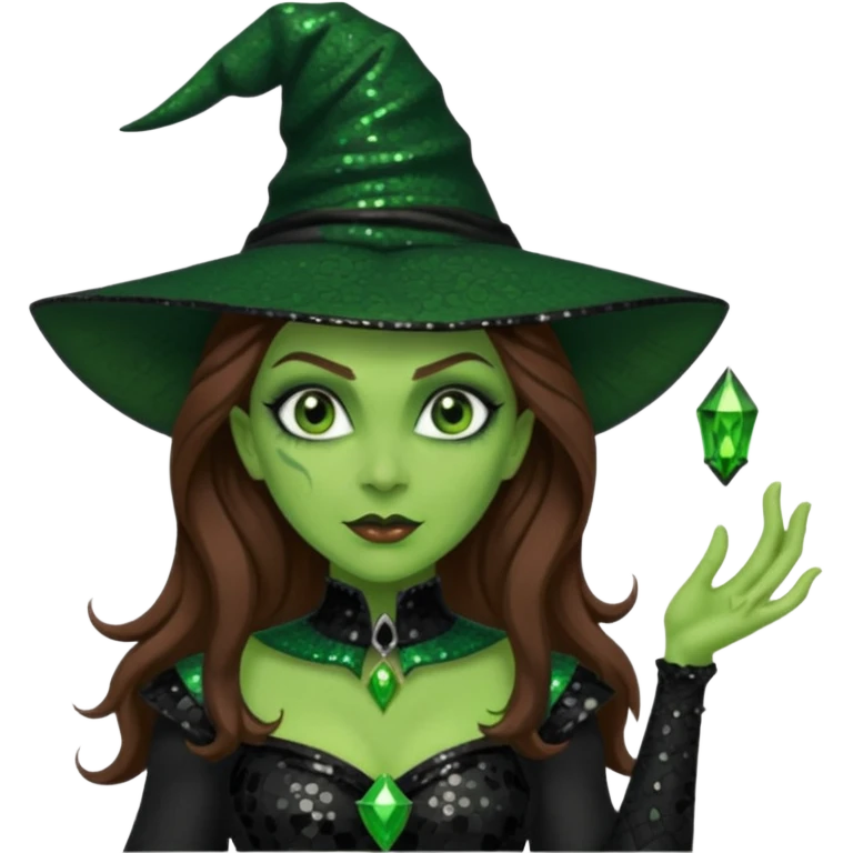 The Wicked Witch from Oz with long brown hair, green skin, black sequin outfit emoji