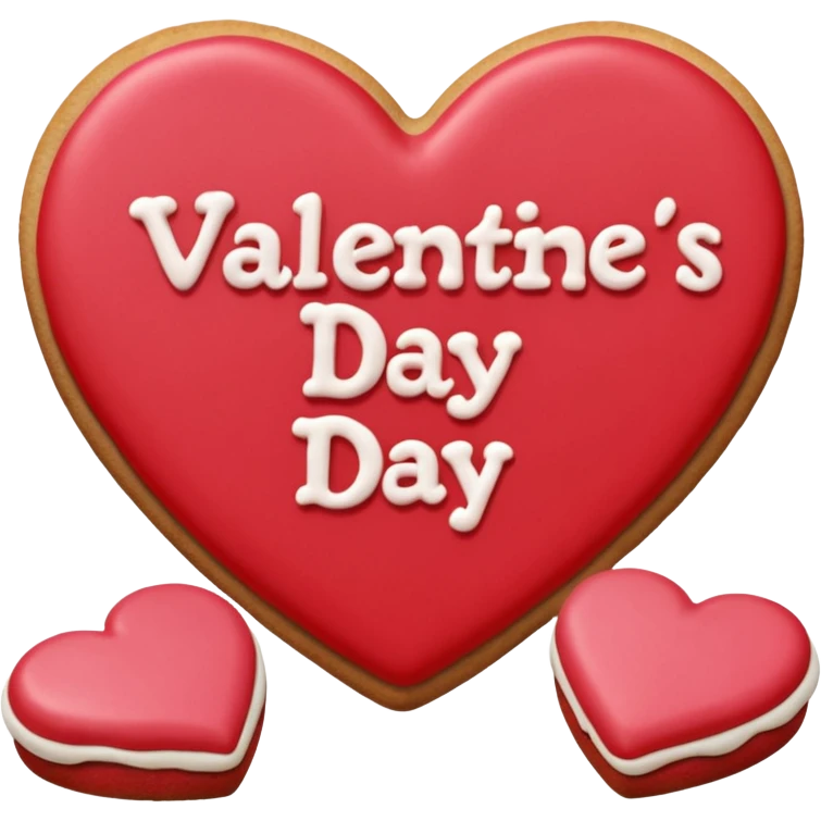 Heart-shaped cookie with smooth red icing emoji, write 'Valentine's day' on top of the red icing in white icing emoji