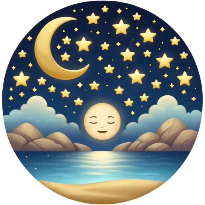 "Design a calming circle emoji for evening reflection. Soft moonlight, gentle stars, peaceful or spiritual symbols. No people - emphasize tranquil colors, night sky elements, and serene christian imagery." emoji