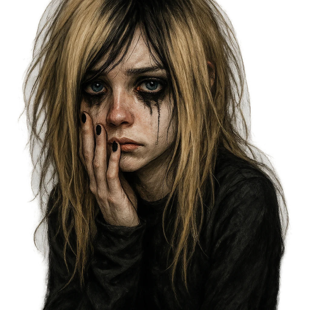 depressives Emo Mädchen, blond, blaue Augen, mit schwarzem Nagellack, Emo-Stil, detailed, expressive, digital art emoji